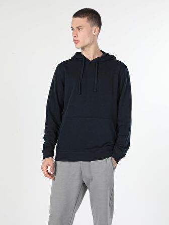 Regular Fit Kapüşonlu Mavi Erkek Sweatshirt