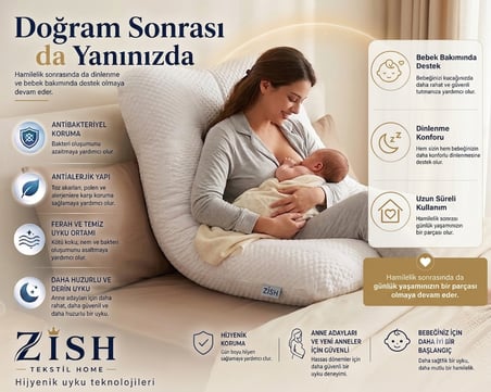 Zish Home FERANESTA 5 Bölge Destekli Hamile Yastığı | Tam Vücut Uyku ve Emzirme Yastığı | Yıkanabilir Fermuarlı Kılıf | 340 gr Clean Fresh Kumaş | 80×125 cm