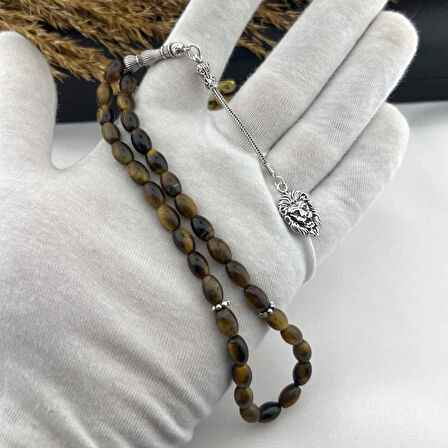 925 AYAR GÜMÜŞ ARPA KESİM KAPLANGÖZÜ ASLAN TASARIM TEKLİ TİLKİ KUYRUĞU PÜSKÜL TESBİH