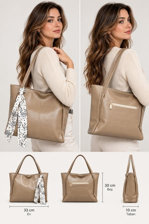 Kadın Fularlı Fermuarlı Kapamalı Shopper El Ve Omuz Çantası