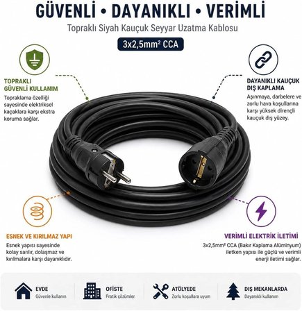 3x2.5mm TTR Topraklı Siyah Kauçuk Seyyar Uzatma Kablosu(5 metre)