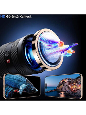 iPhone 16 PRO Uyumlu Metal Çerçeveli Temperli Kamera Lens Koruyucu