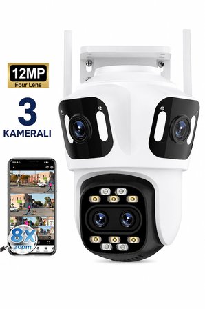 3 Kameralı 12MP WiFi Güvenlik Kamerası 360° PTZ 8X Hibrit Zoom IP66 Su Geçirmez Hareket Takipli Gece Görüşlü Çift Yönlü Sesli