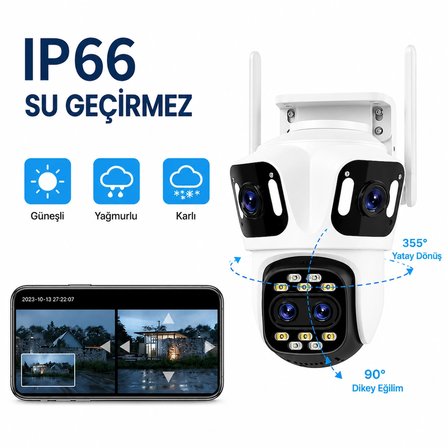 3 Kameralı 12MP WiFi Güvenlik Kamerası 360° PTZ 8X Hibrit Zoom IP66 Su Geçirmez Hareket Takipli Gece Görüşlü Çift Yönlü Sesli