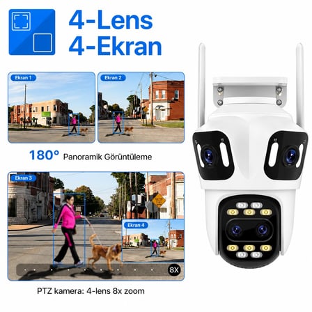 3 Kameralı 12MP WiFi Güvenlik Kamerası 360° PTZ 8X Hibrit Zoom IP66 Su Geçirmez Hareket Takipli Gece Görüşlü Çift Yönlü Sesli