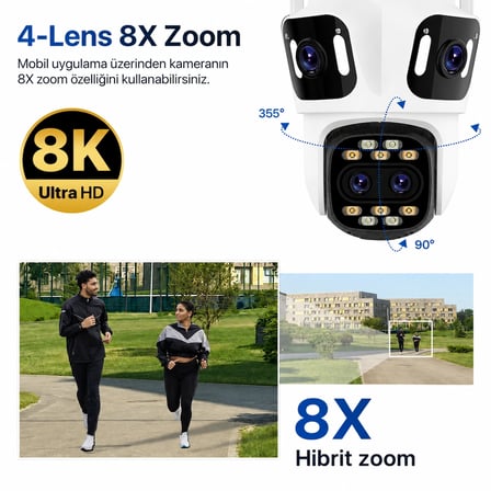 3 Kameralı 12MP WiFi Güvenlik Kamerası 360° PTZ 8X Hibrit Zoom IP66 Su Geçirmez Hareket Takipli Gece Görüşlü Çift Yönlü Sesli