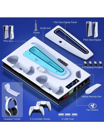  Ps5 Slim Pro Fonksiyonel Fanlı Şarj Standı LED Göstergeli Dijital ve CD Li Sürüm Uyumlu