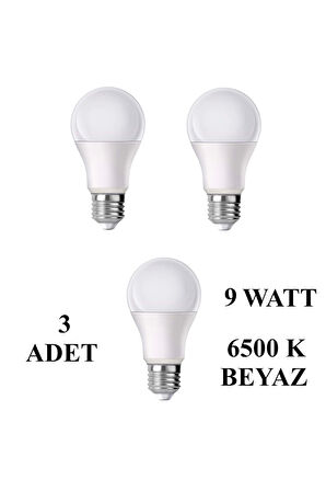 9W E27 Led Ampul 6500K Beyaz Işık (810 Lümen) (3 Adet)