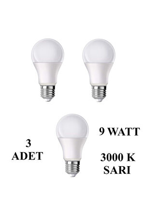 9W E27 Led Ampul 3000K Sıcak Sarı Işık (3 Adet)
