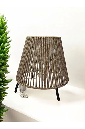 Makrome İpli Metal Masa ve Gece Lambası (Konik - Koyu Bej)