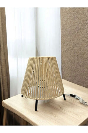 Makrome İpli Metal Masa ve Gece Lambası (Konik - Ekru)