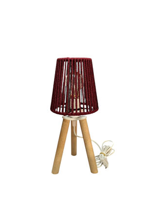 Üç Ayak Mini Ahşap Abajur (Bordo Makrome İp Başlık)