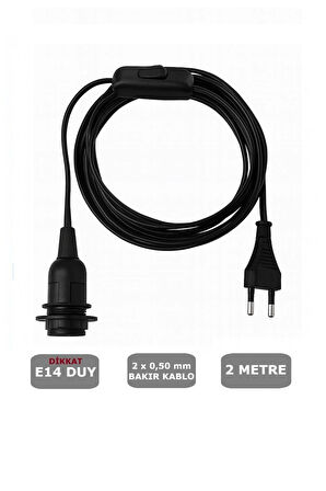 2 Metre Arapuarlı (AÇ KAPAT ANAHTAR) Fişli Abajur Lambader Duyu Seyyar E14 (2X0,50) (SİYAH)