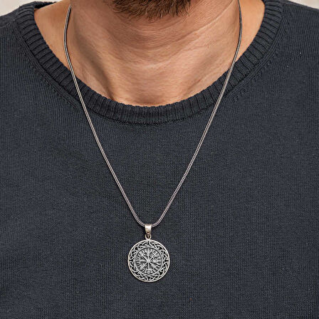 Gümüş Viking Pusula Erkek Kolye