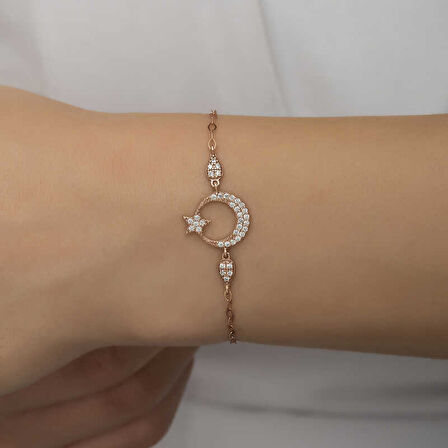 925 Ayar Gümüş Rose Ay Yıldız Kadın Bileklik