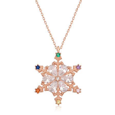 925 Ayar Gümüş Rose Renkli Taşlı Kar Tanesi Kadın Gümüş Kolye