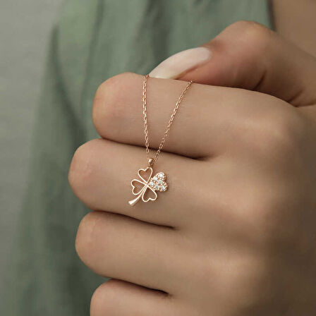 925 Ayar Gümüş Rose Kalpli Dört Yapraklı Yonca Kadın Gümüş Kolye