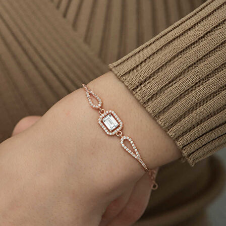 925 Ayar Gümüş Rose Dikdörtgen Baget Bileklik