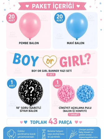 Cinsiyet Partisi Seti Boy Or Girl Banner Siyah Soru İşaretli Balon Pembe Mavi Balonlu Gender Reveal Konsepti 43 Parça