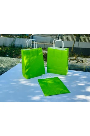 1.Kalite 18x8x24 Cm 5’ Li Yeşil Renkli Kraft Kağıt Çanta, Hediye Poşeti, Hediye Paketi, Kraft Çanta