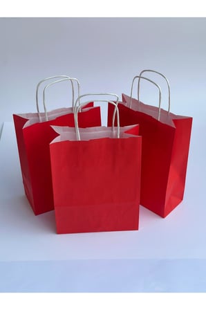 1.Kalite 18x8x24Cm 3’Lü Kırmızı Renkli Kraft Kağıt Çanta Hediye Poşeti Hediye Paketi Kraft Çanta