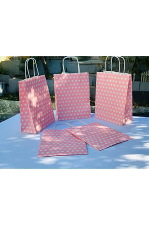 1.Kalite 18x8x24 Cm (5 Adet) Pembe Renk Beyaz Benekli Kraft Kağıt Çanta,Hediye Poşeti,Hediye Paketi