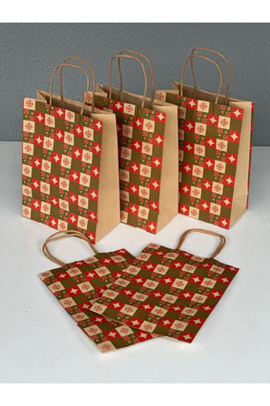1.Kalite 18x8x24 Cm 5’Li Yılbaşı Konseptli Kraft Kağıt Çanta Hediye Poşeti Hediye Paketi Kraft Çanta