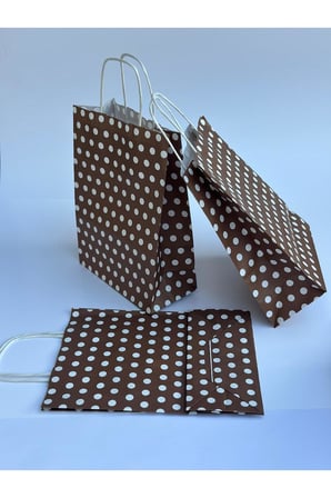 1.Kalite 18x8x24 Cm 3 Adet Kahverengi Renk Beyaz Benekli Kraft Kağıt ÇantaHediye PoşetiHediye Paketi