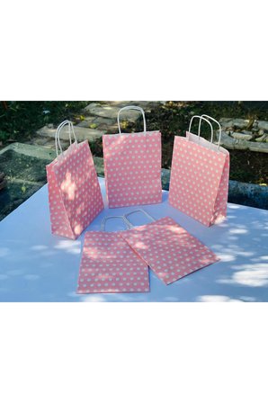 1.Kalite 18x8x24 Cm (1 Adet) Pembe Renk Beyaz Benekli Kraft Kağıt Çanta,Hediye Poşeti,Hediye Paketi