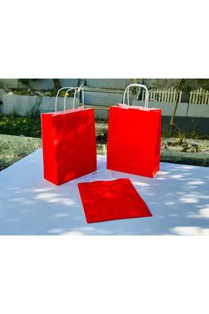 1.Kalite 18x8x24Cm 1’Li Kırmızı Renkli Kraft Kağıt Çanta Hediye Poşeti Hediye Paketi Kraft Çanta