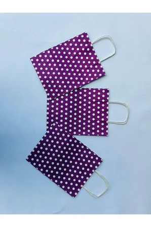 1.Kalite 18x8x24 Cm (3 Adet) Mor Renk Beyaz Benekli Puantiyeli Kraft Kağıt Çanta, Hediye Poşeti