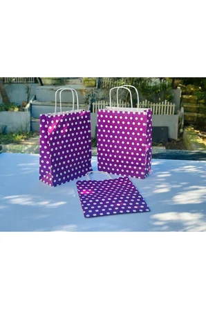 1.Kalite 18x8x24 Cm (3 Adet) Mor Renk Beyaz Benekli Puantiyeli Kraft Kağıt Çanta, Hediye Poşeti