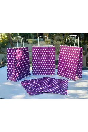 1.Kalite 18x8x24 Cm (5 Adet) Mor Renk Beyaz Benekli Kraft Kağıt Çanta,Hediye Poşeti,Hediye Paketi
