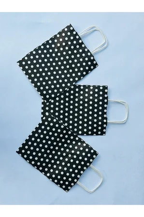 1.Kalite 18x8x24 Cm (3 Adet) Siyah Renk Beyaz Benekli Kraft Kağıt Çanta,Hediye Poşeti,Hediye Paketi