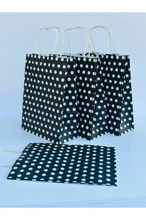 1.Kalite 18x8x24 Cm (5 Adet) Siyah Renk Beyaz Benekli Kraft Kağıt Çanta,Hediye Poşeti,Hediye Paketi
