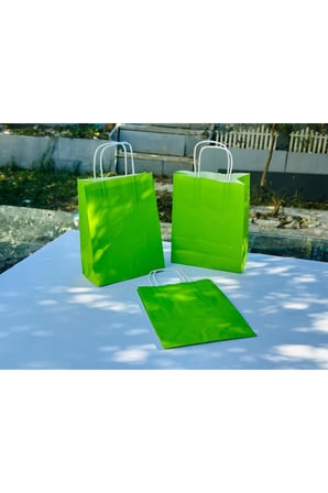 1.Kalite 18x8x24 Cm 3’ Lü Yeşil Renkli Kraft Kağıt Çanta, Hediye Poşeti, Hediye Paketi, Kraft Çanta