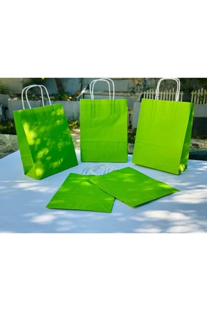 1.Kalite 18x8x24 Cm 3’ Lü Yeşil Renkli Kraft Kağıt Çanta, Hediye Poşeti, Hediye Paketi, Kraft Çanta