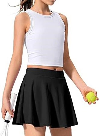 Siyah Yüksek Bel Kız Çocuk Tenis Etek Darkalıp İçi Taytlı Cepli Lady Çocuk Spor Etek