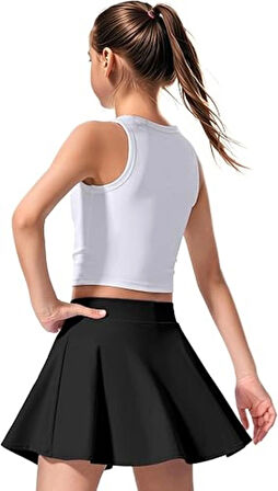 Siyah Yüksek Bel Kız Çocuk Tenis Etek Darkalıp İçi Taytlı Cepli Lady Çocuk Spor Etek