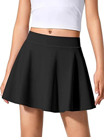Siyah Yüksek Bel Kız Çocuk Tenis Etek Darkalıp İçi Taytlı Cepli Lady Çocuk Spor Etek