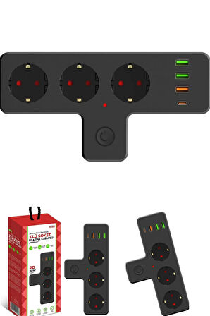 Termal Akım Korumalı Soket Priz Çoğaltıcı Kablosuz Çoklayıcı 2500W 3xUSB 2.4A 1xType-C