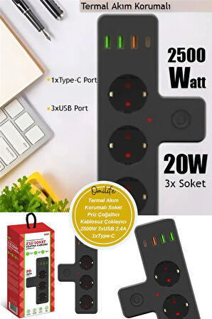 Termal Akım Korumalı Soket Priz Çoğaltıcı Kablosuz Çoklayıcı 2500W 3xUSB 2.4A 1xType-C