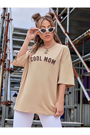 Kadın Cool Mom Baskılı Oversize Bisiklet Yaka T-shirt