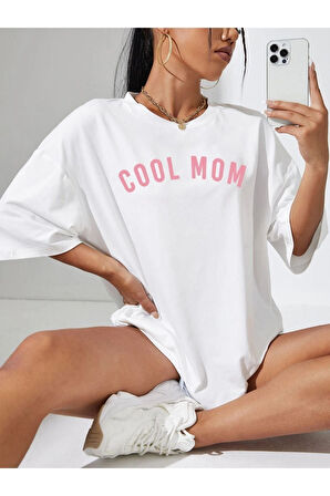 Kadın Cool Mom Baskılı Oversize Bisiklet Yaka T-shirt