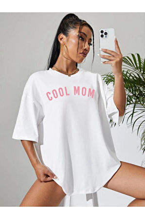 Kadın Cool Mom Baskılı Oversize Bisiklet Yaka T-shirt