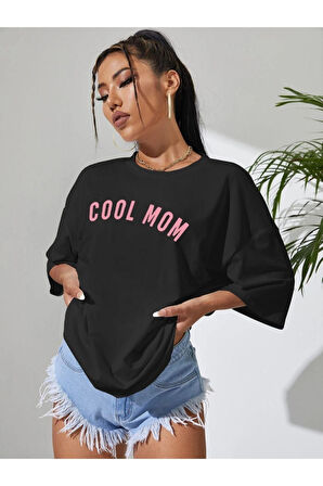 Kadın Cool Mom Baskılı Oversize Bisiklet Yaka T-shirt