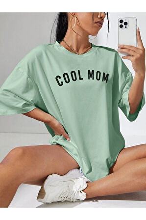 Kadın Cool Mom Baskılı Oversize Bisiklet Yaka T-shirt