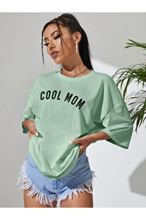 Kadın Cool Mom Baskılı Oversize Bisiklet Yaka T-shirt