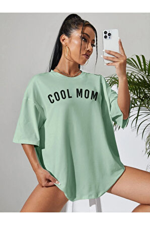 Kadın Cool Mom Baskılı Oversize Bisiklet Yaka T-shirt