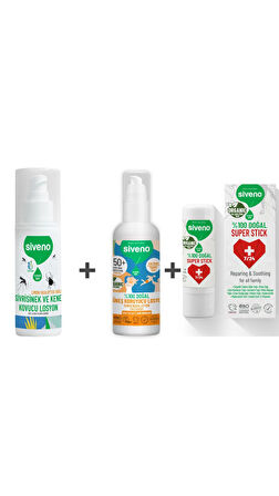 Siveno %100 Doğal Yaz Seti 100 ml Sinek Kovucu+Yatıştırıcı Stick+Tamanu Yağlı Güneş Losyonu